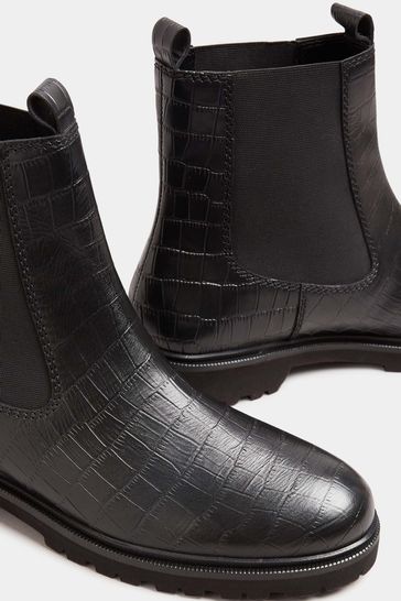 Long Tall Sally Black Leather Cleated Chelsea Croc Effect Boots