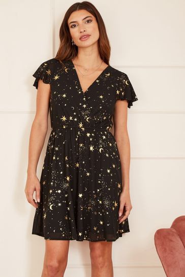 Mela Black Foil Star Print Wrap Skater Dress