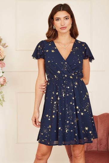 Mela Blue Foil Star Print Wrap Skater Dress