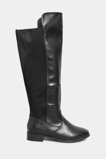 Yours Curve Black Wide Fit Studded Rand Over The Knee PU Boots