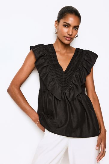 Black Sleeveless Ruffle V-Neck Top