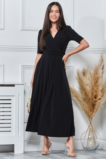 Jolie Moi Black Plain Wrap Front Jersey Maxi Dress