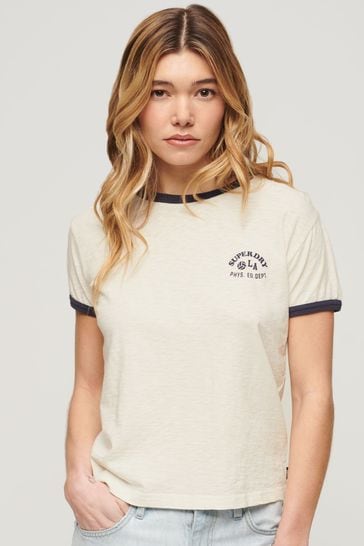 Superdry White Beach Graphic Fitted Ringer T-Shirt
