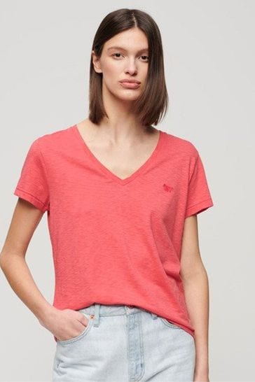 Superdry Pink Slub Embroidered V-Neck T-Shirt