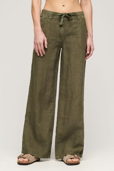 Superdry Green Linen Low Rise Trousers