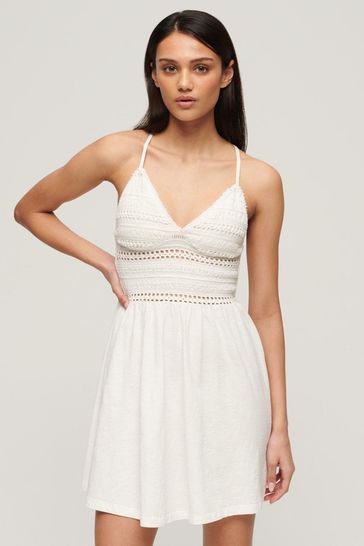 Superdry White Jersey Lace Mini Dress