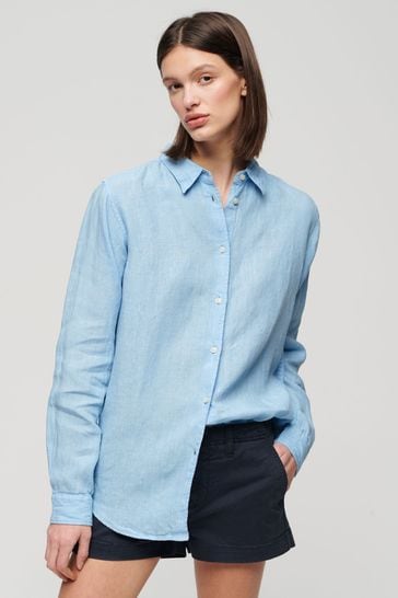 Superdry Blue Casual Linen Boyfriend Shirt