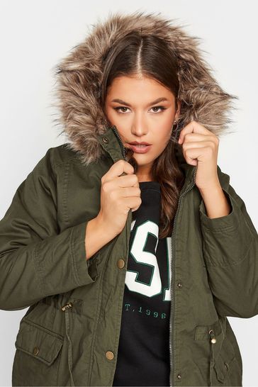 khaki faux fur lined parka coat