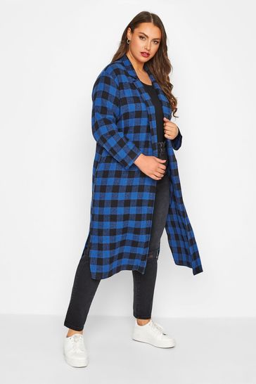 Yours Curve Blue Checked Long Duster Coat