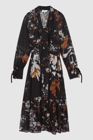 Buy Reiss Black Brown Charlotte Floral Neck Tie Midi Dress from