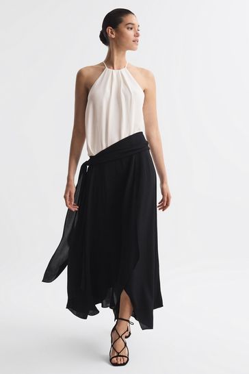 Reiss Cream/Black Natalia Asymmetric Belted Wrap Midi Dress