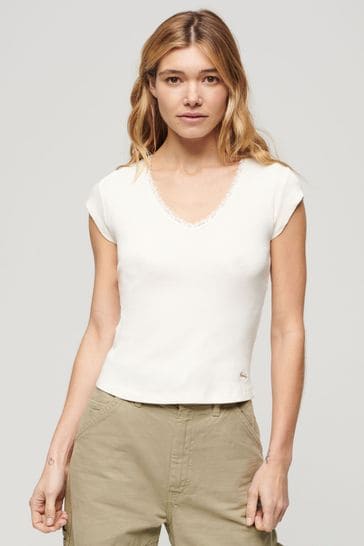Superdry White Essential Lace Trim V-Neck T-Shirt