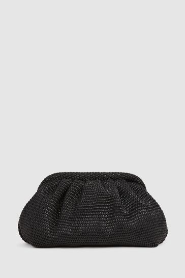 Reiss Black Gia Raffia Clutch Bag