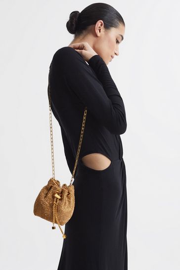 Reiss Gold Demi Crystal Mini Bucket Bag