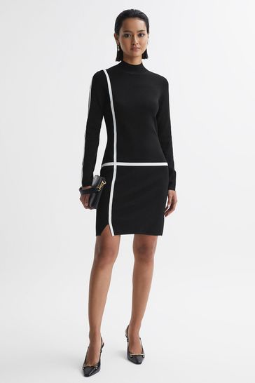 Reiss Black/Ivory Annie Knitted Bodycon Mini Dress
