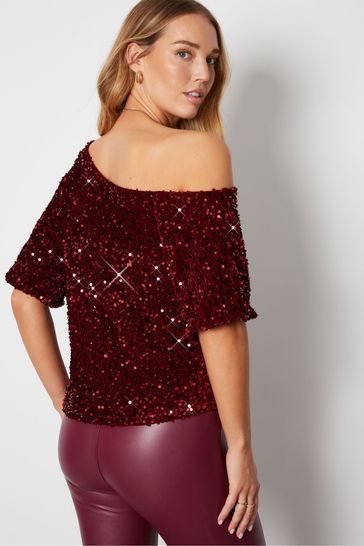 Threadbare Red Sequin Velour Drop Shoulder Top