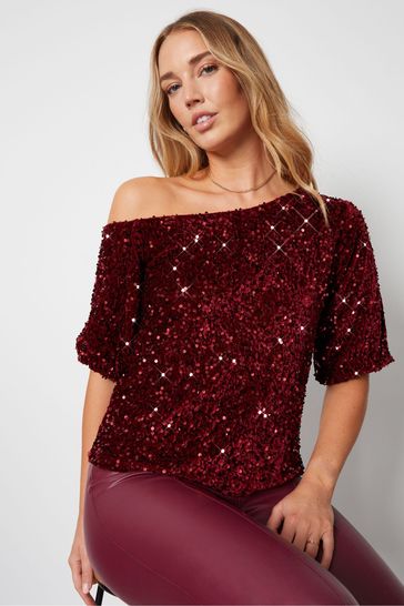 Red sequin off the shoulder top 2025