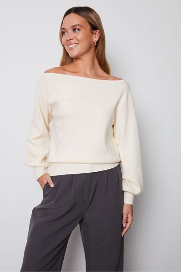 Threadbare White Slash Neck Knitted Jumper