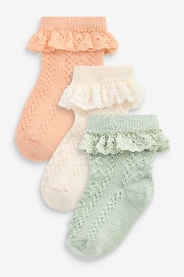 Green/Orange Lace Trim Baby Socks 3 Pack (0mths-2yrs)