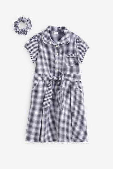 Navy Blue Cotton Rich Belted Gingham School Dress With Scrunchie (3-14yrs)