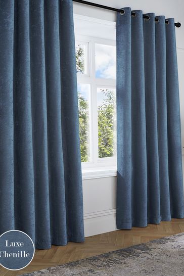 Curtina Blue Textured Chenille Luxe Eyelet Curtains