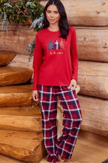 Threadbare Red Cotton Long Sleeve Christmas Pyjama Set