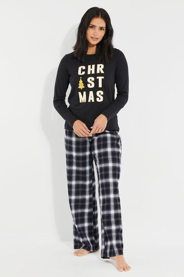 Threadbare Black Cotton Long Sleeve Christmas Pyjama Set