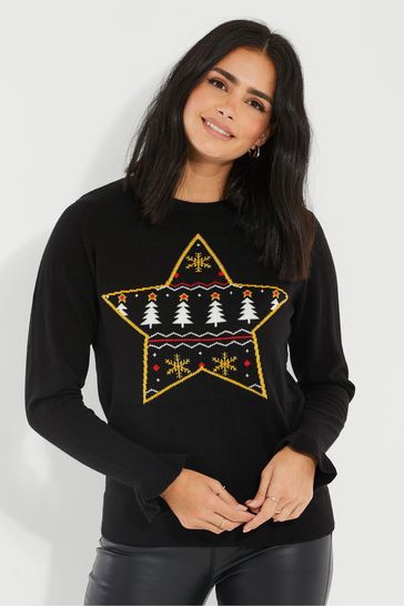 Threadbare Black Curve Crew Neck Christmas Jumper