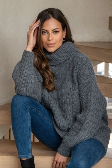 Pour Moi Grey Alice Chunky Cable Knit Rollneck Knit Jumper