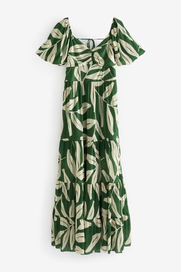 Green and White Leaf Print Short Sleeve Ocassion Maxi Dress