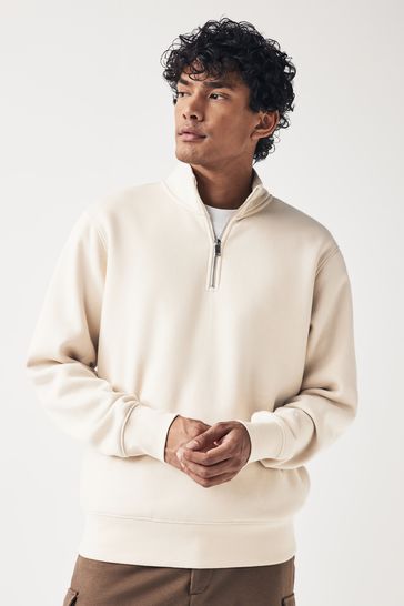 Ecru White Funnel Neck Zip Neck Sweatshirt