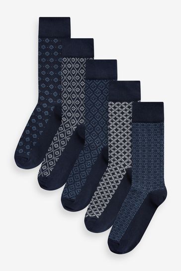 Navy Blue/White Pattern Smart Socks 5 Pack