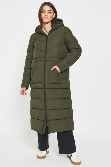 NOISY MAY Green Maxi Length Padded Quilted Hooded Coat