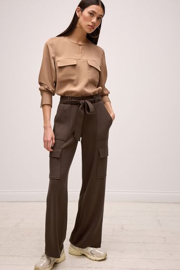 Chocolate Brown Slinky Stretch Wide Leg Belted High Waist Utility Cargo Trousers