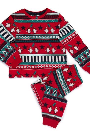 Buy Chelsea Peers Red Kids Recycled Fibre Red Green Carnival Penguin Fair Isle Print Long Pyjama Set from Next Lithuania
