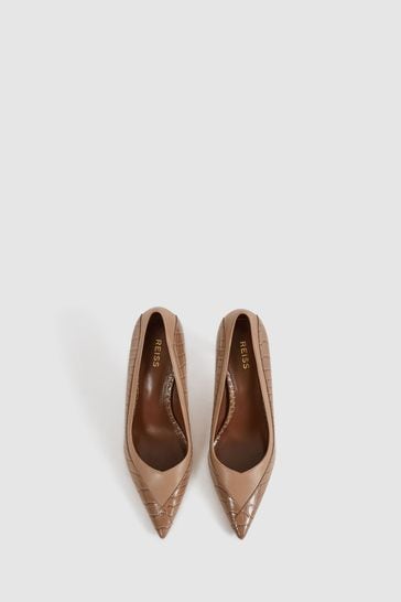 Reiss Taupe Gwyneth Leather Contrast Court Shoes