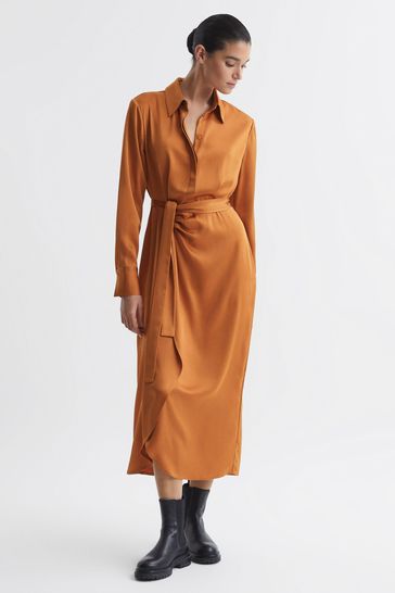 Reiss Rust Arabella Satin Shirt-Style Midi Dress