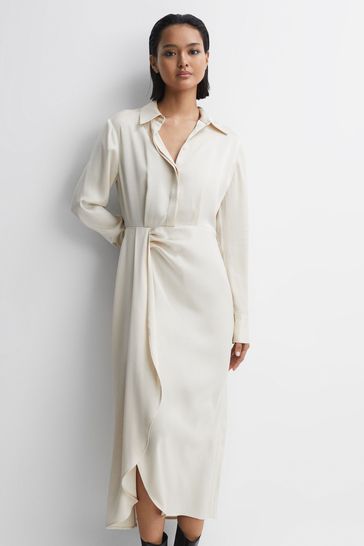 Reiss Cream Arabella Satin Shirt-Style Midi Dress
