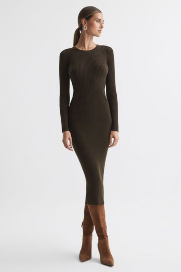 Reiss Khaki Ashley Ribbed Bodycon Midi Dress