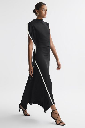 Reiss Black/White Klein Asymmetric Contrast Trim Midi Dress