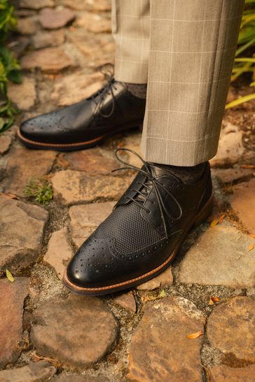 Black Leather Embossed  Blue Sole Brogues