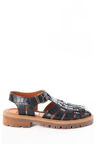 ASRA London Samo Croc Leather Gladiator Black Sandals