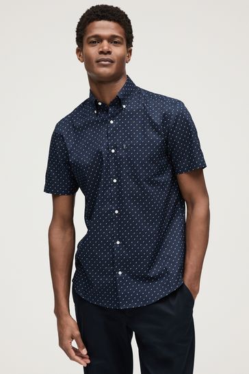 Navy Blue Easy Iron Button Down Short Sleeve Oxford Shirt