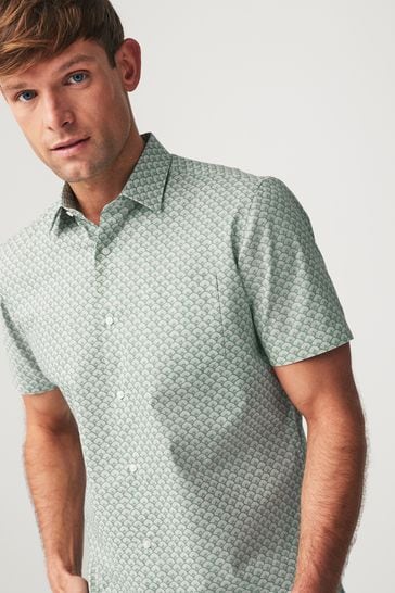 Green Geometric Print Easy Iron Button Down Short Sleeve Oxford Shirt
