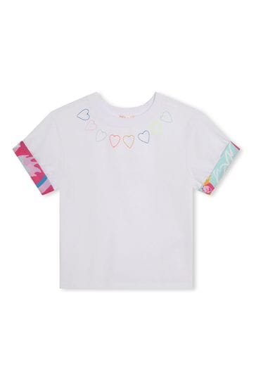 Billieblush Short Sleeve White T-Shirt With Heart Embroidery & Contrast Hem