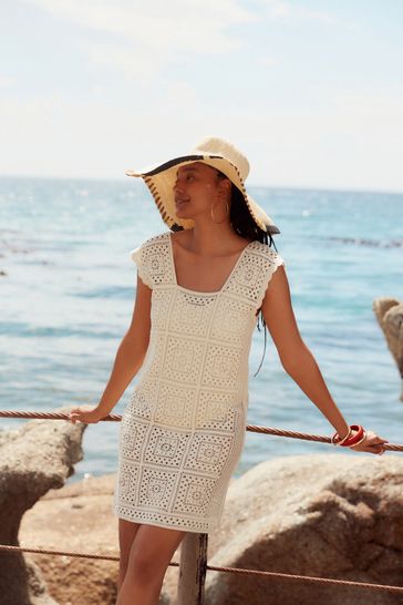 Neutral Crochet Square Neck Mini Dress