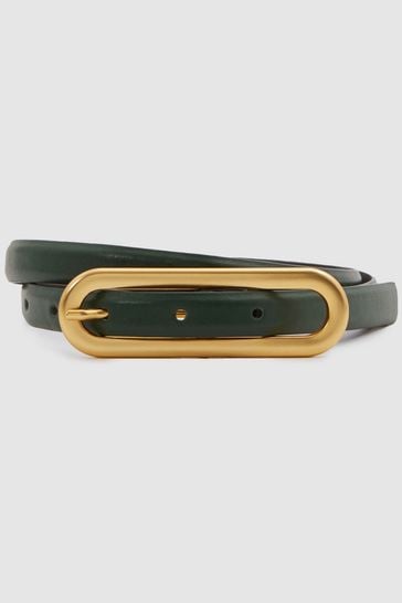 Reiss Green Chaya Thin Leather Elongated Buckle Belt