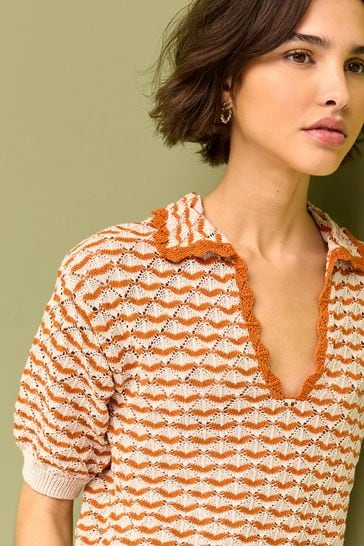 Orange Short Sleeve Stich Detail Polo Top