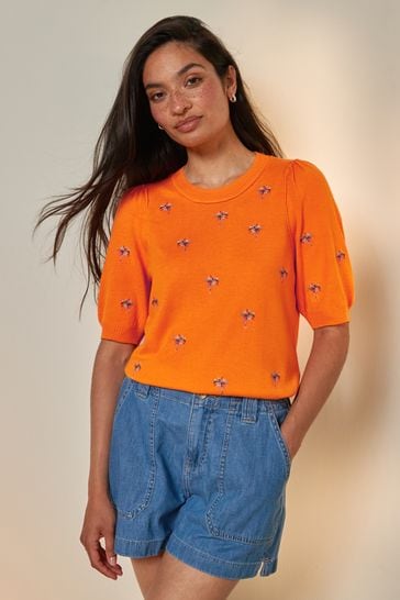Orange Printed Crew Neck Short Sleeve Knitted Top