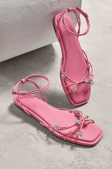 Pink Jewelled Flower Strappy Sandals